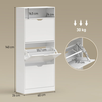 Slim Shoe Cabinet with 3 Flip-Down Drawers and Open Shelf, 12-18 Pairs, White