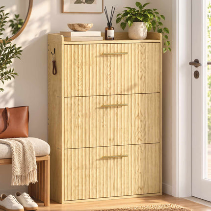 Slim Shoe Cabinet with 3 Flip-Down Drawers for 18 Pairs, Light Brown, 24 cm Deep