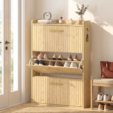 Slim Shoe Cabinet with 3 Flip-Down Drawers for 18 Pairs, Light Brown, 24 cm Deep