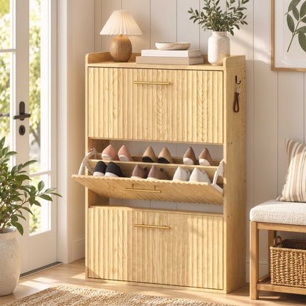 Slim Shoe Cabinet with 3 Flip-Down Drawers for 18 Pairs, Light Brown, 24 cm Deep