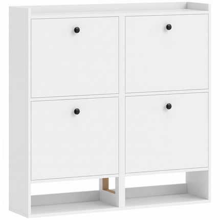 Slim Shoe Cabinet with 4 Flip-Down Compartments for 16 Pairs, White, 24 cm Deep