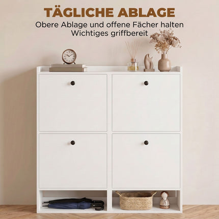 Slim Shoe Cabinet with 4 Flip-Down Compartments for 16 Pairs, White, 24 cm Deep