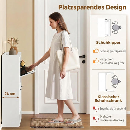 Slim Shoe Cabinet with 4 Flip-Down Compartments for 16 Pairs, White, 24 cm Deep