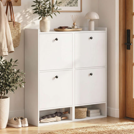 Slim Shoe Cabinet with 4 Flip-Down Compartments for 16 Pairs, White, 24 cm Deep