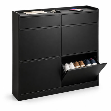 Slim Shoe Cabinet with 4 Tilt-Out Compartments and 2 Flaps, Black, MDF