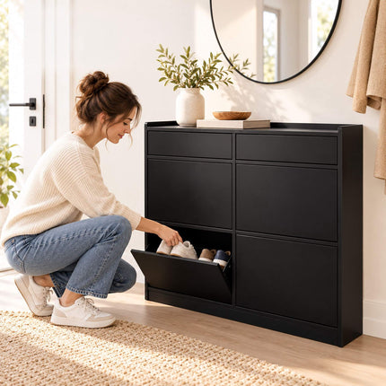 Slim Shoe Cabinet with 4 Tilt-Out Compartments and 2 Flaps, Black, MDF