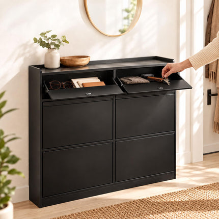 Slim Shoe Cabinet with 4 Tilt-Out Compartments and 2 Flaps, Black, MDF