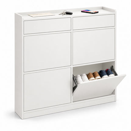 Slim Shoe Cabinet with 4 Tilt-Out Compartments and 2 Flaps, White, MDF