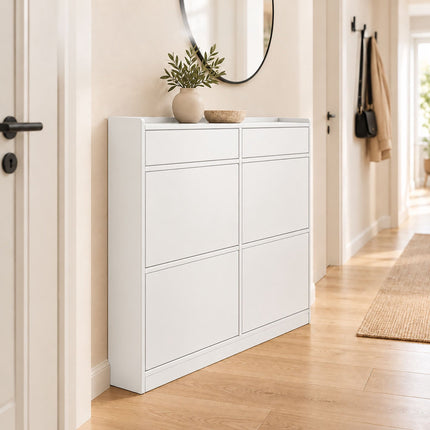 Slim Shoe Cabinet with 4 Tilt-Out Compartments and 2 Flaps, White, MDF