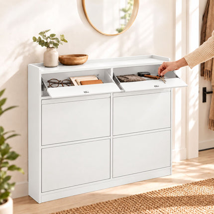 Slim Shoe Cabinet with 4 Tilt-Out Compartments and 2 Flaps, White, MDF