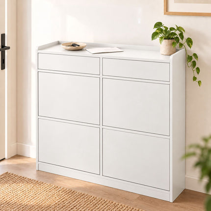 Slim Shoe Cabinet with 4 Tilt-Out Compartments and 2 Flaps, White, MDF