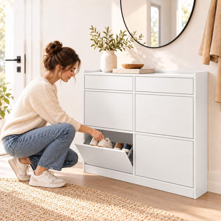 Slim Shoe Cabinet with 4 Tilt-Out Compartments and 2 Flaps, White, MDF