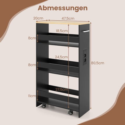 Schmaler Aufbewahrungswagen mit Ladestation – 4 Etagen, Schwarz