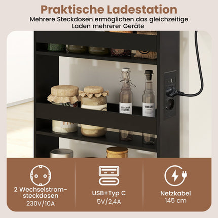 Schmaler Aufbewahrungswagen mit Ladestation, 4-lagig, Schwarz