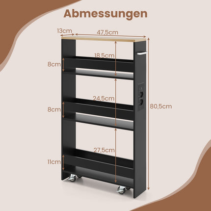 Schmaler Aufbewahrungswagen mit Ladestation, 4-lagig, Schwarz