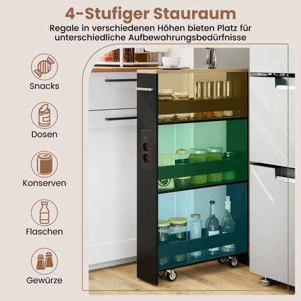 Schmaler Aufbewahrungswagen mit Ladestation, 4-lagig, Schwarz