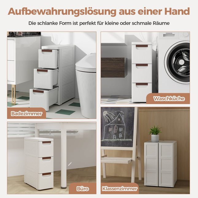 Schlanker Aufbewahrungswagen mit Rollen, 3 Schubladen, Weiß, PP-Material