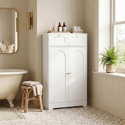 Slim White Bathroom Cabinet with 2 Drawers, Adjustable Shelf