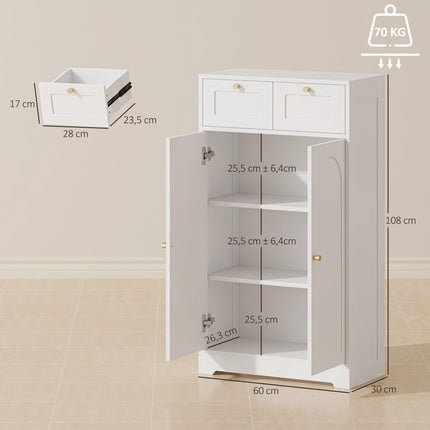 Slim White Bathroom Cabinet with 2 Drawers, Adjustable Shelf