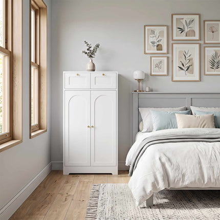 Slim White Bathroom Cabinet with 2 Drawers, Adjustable Shelf