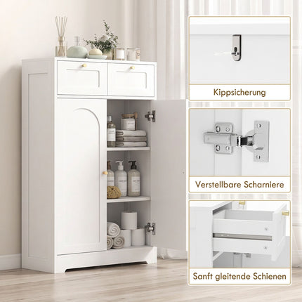 Slim White Bathroom Cabinet with 2 Drawers, Adjustable Shelf