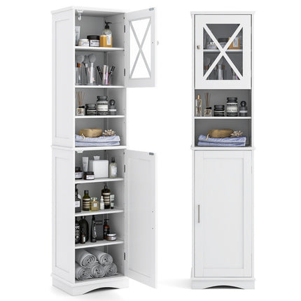 Meuble de salle de bain mince avec 5 étagères réglables et 2 portes, meuble haut indépendant, blanc