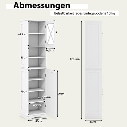 Meuble de salle de bain mince avec 5 étagères réglables et 2 portes, meuble haut indépendant, blanc
