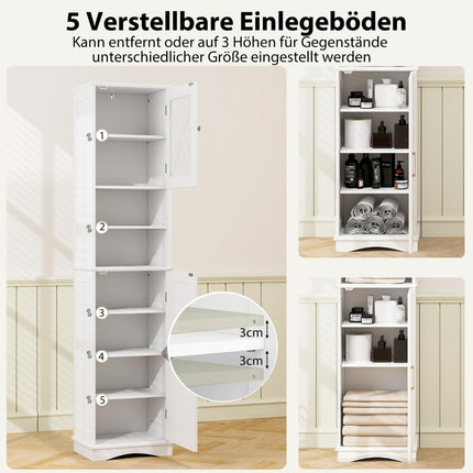 Meuble de salle de bain mince avec 5 étagères réglables et 2 portes, meuble haut indépendant, blanc