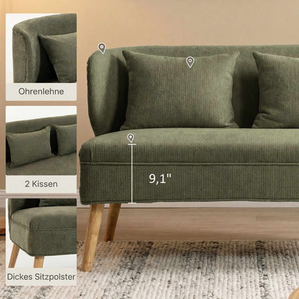 Small 2-Seater Chenille Loveseat with Wingback Design, Dark Green, 2 Cushions