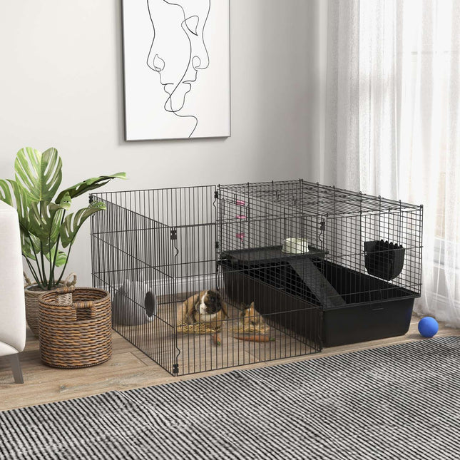 Cage pour petits animaux, clapier avec biberon, gamelle, cage pour rongeurs avec mangeoire, accessoires, cage pour cochons d'Inde pour petits animaux, acier noir