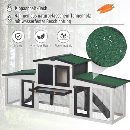 Kleindierenhok Kleindierenkooi 204 X 45 X 80 Cm Dwergkonijnenhok Met Asfaltdak En Buitenverblijf Dubbeldeks Dennenhout Donkergrijs + Wit