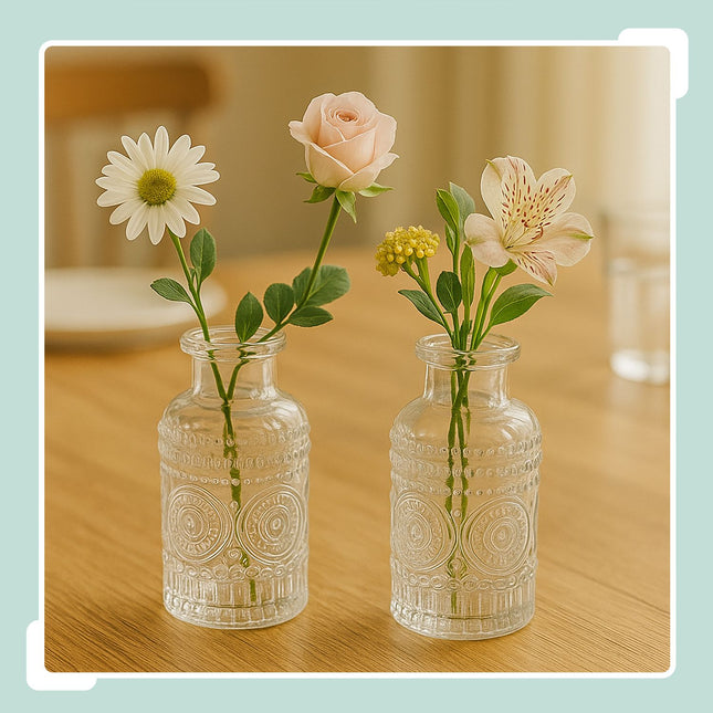 Kleines Glasset mit 12 Vasen – Dekoratives Relief-Design