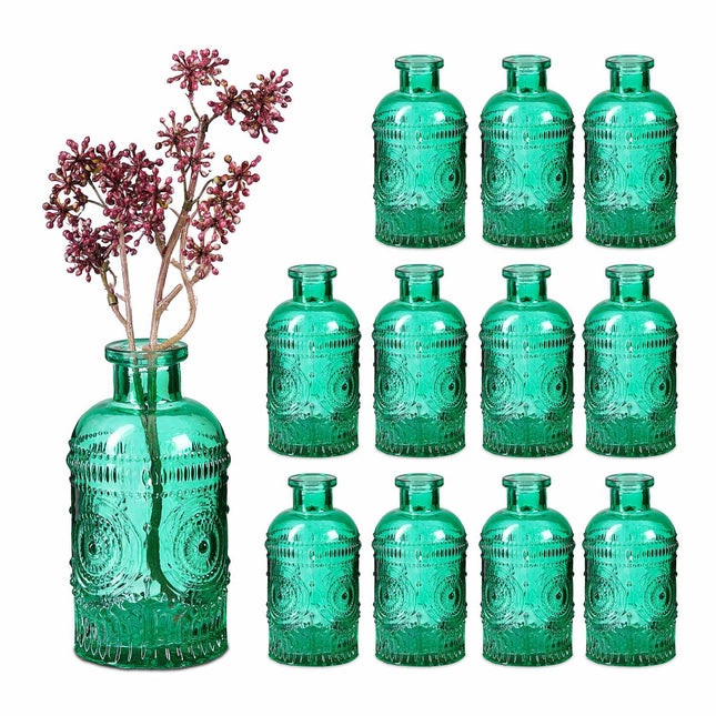 Kleine Glasvasen 12er Set – Dekoratives Prägedesign