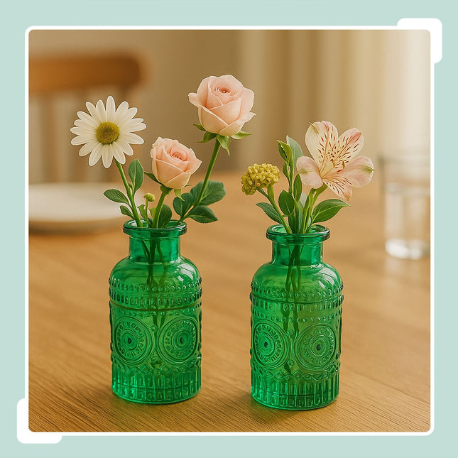 Kleine Glasvasen 12er Set – Dekoratives Prägedesign
