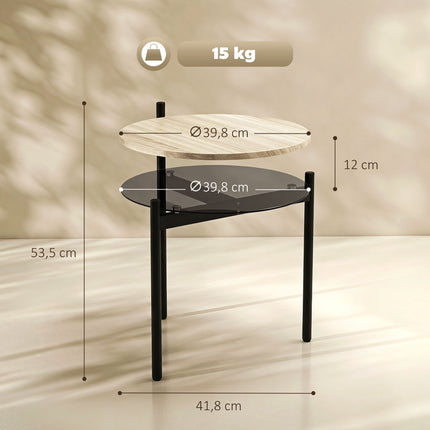 Small Oak Side Table with Open Glass Shelf, 41.8 x 39.8 x 53.5 cm