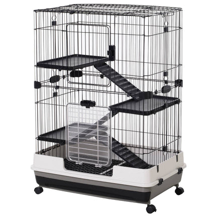Small Pet Cage, 4 Wheels, 3 Doors, 2 Platforms, Metal, Black