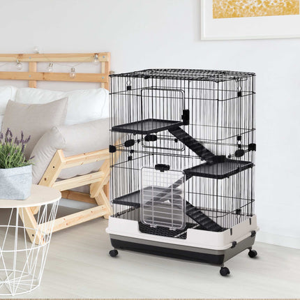 Small Pet Cage, 4 Wheels, 3 Doors, 2 Platforms, Metal, Black