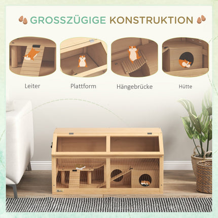 Kleintierkäfig aus Holz mit Brücke, Leitern, Häuschen - 84x45x44 cm