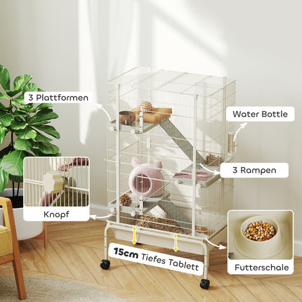 Cage pour petits animaux, cage pour rongeurs, cage pour furets avec 3 rampes, cage pour souris avec plateau extensible, gamelle, bouteille d'eau, cage avec accessoires pour chinchilla, écureuil, hamster nain beige |