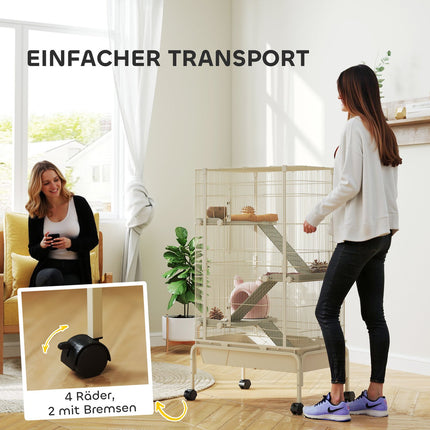 Cage pour petits animaux, cage pour rongeurs, cage pour furets avec 3 rampes, cage pour souris avec plateau extensible, gamelle, bouteille d'eau, cage avec accessoires pour chinchilla, écureuil, hamster nain beige |
