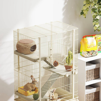 Cage pour petits animaux, cage pour rongeurs, cage pour furets avec 3 rampes, cage pour souris avec plateau extensible, gamelle, bouteille d'eau, cage avec accessoires pour chinchilla, écureuil, hamster nain beige |