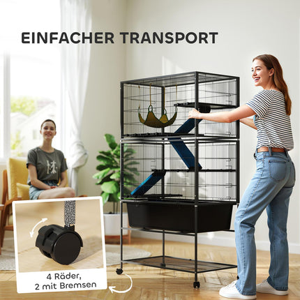 Nagerkäfig mit Unterschale, Rampen, Hängematte und Rollen, grau