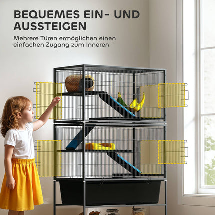 Nagerkäfig mit Unterschale, Rampen, Hängematte und Rollen, grau