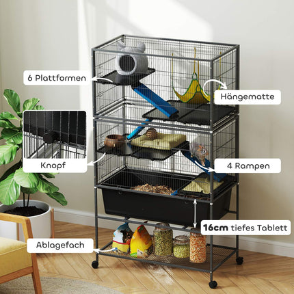 Nagerkäfig mit Unterschale, Rampen, Hängematte und Rollen, grau