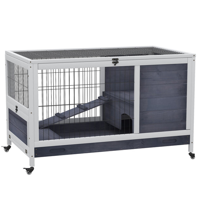 Mobile cage for guinea pigs, fir wood, dark grey/white, 90x53x59cm