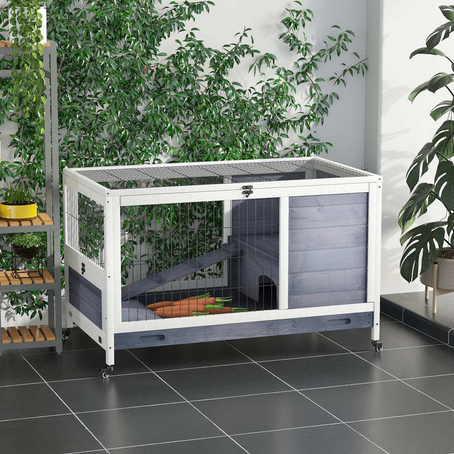 Mobile cage for guinea pigs, fir wood, dark grey/white, 90x53x59cm