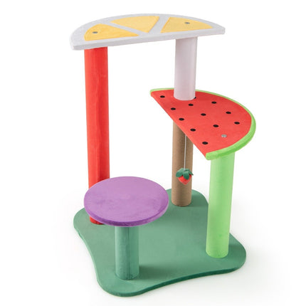 Small cat tree with platforms & strawberry ball & scratching post. Cute fruit theme cat tree