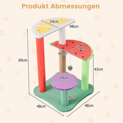Small cat tree with platforms & strawberry ball & scratching post. Cute fruit theme cat tree