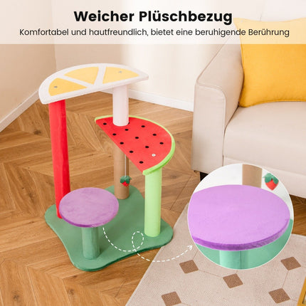 Small cat tree with platforms & strawberry ball & scratching post. Cute fruit theme cat tree