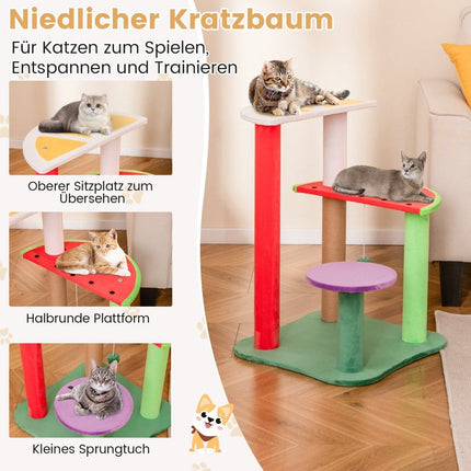 Small cat tree with platforms & strawberry ball & scratching post. Cute fruit theme cat tree